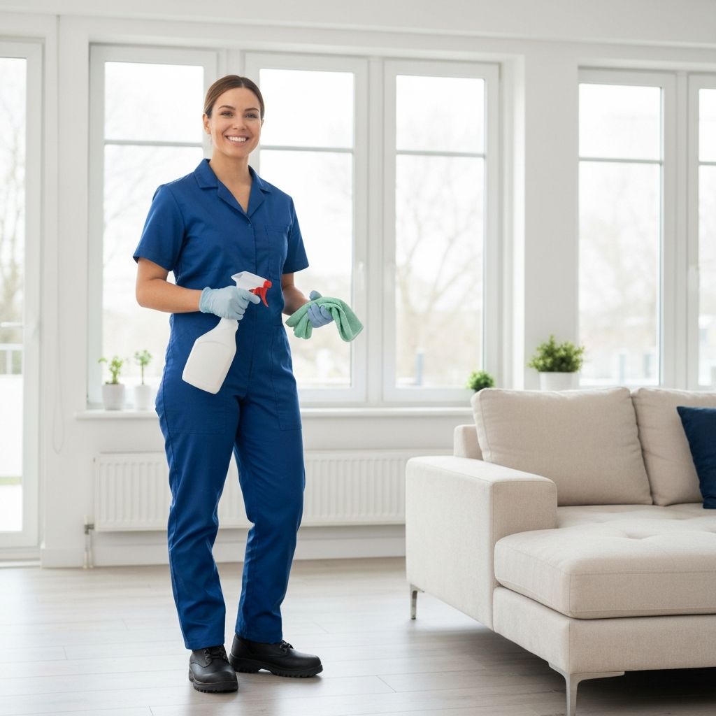 Professional cleaner in a modern living room